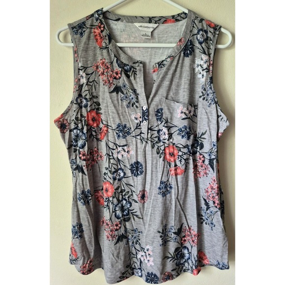 Liz Claiborne Tops - Liz Claiborne Women's Floral Henley Tank Gray Pocket Button Placket‎ Size L